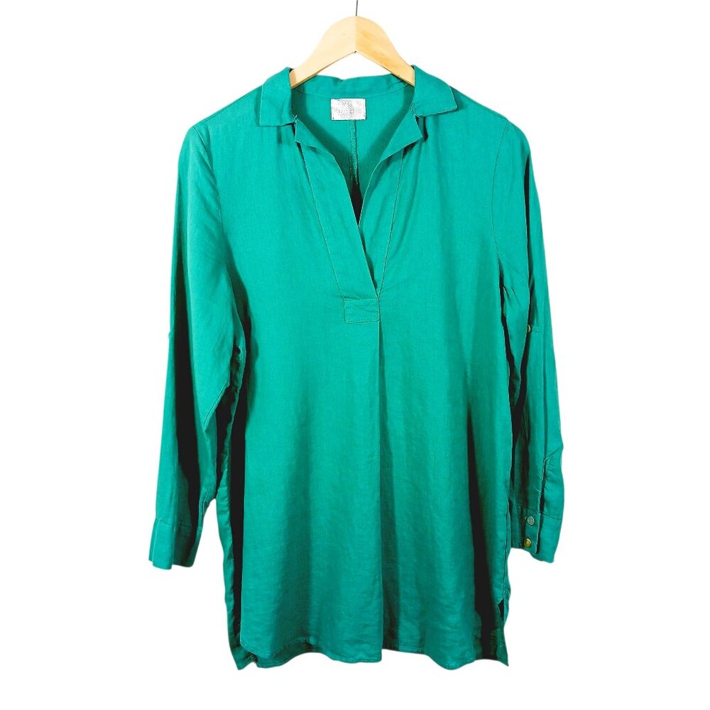 Heroes & Dreamers, Light Weight Green Linen Blend Tunic Size Small, Long Sleeve
